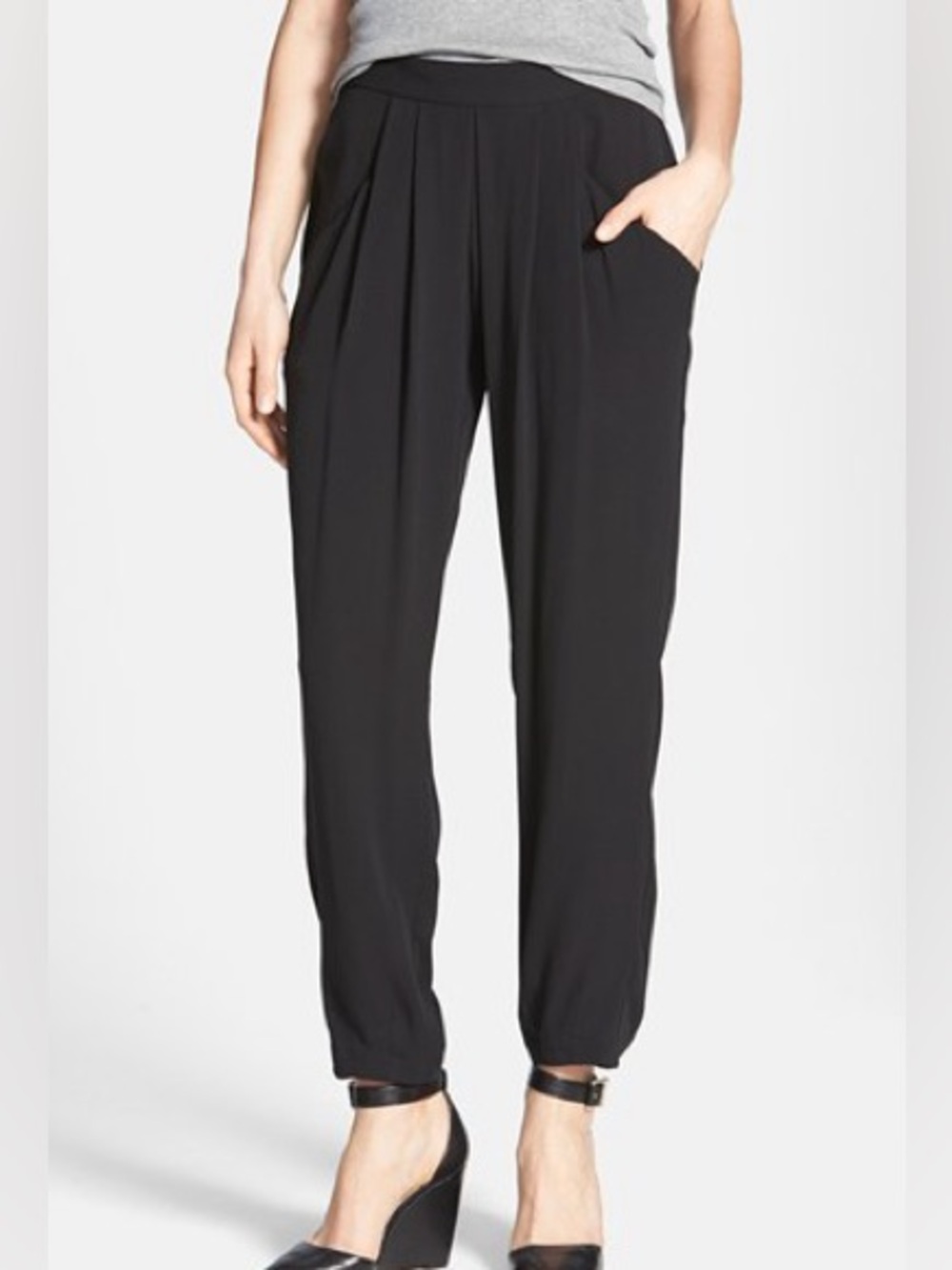 Eileen Fisher Silk Black Pleated High-Waist Harem Pants